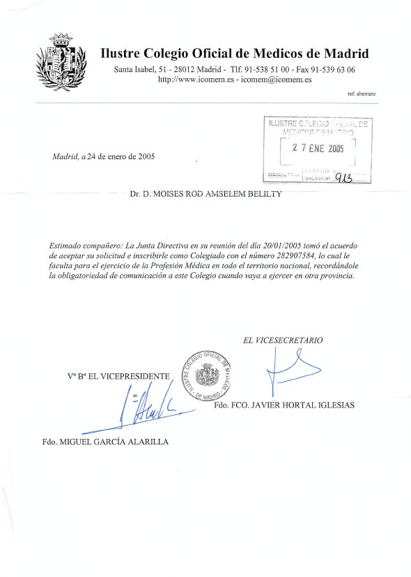 Certificado oficial del Ilustre Colegio Oficial de Médicos de Madrid